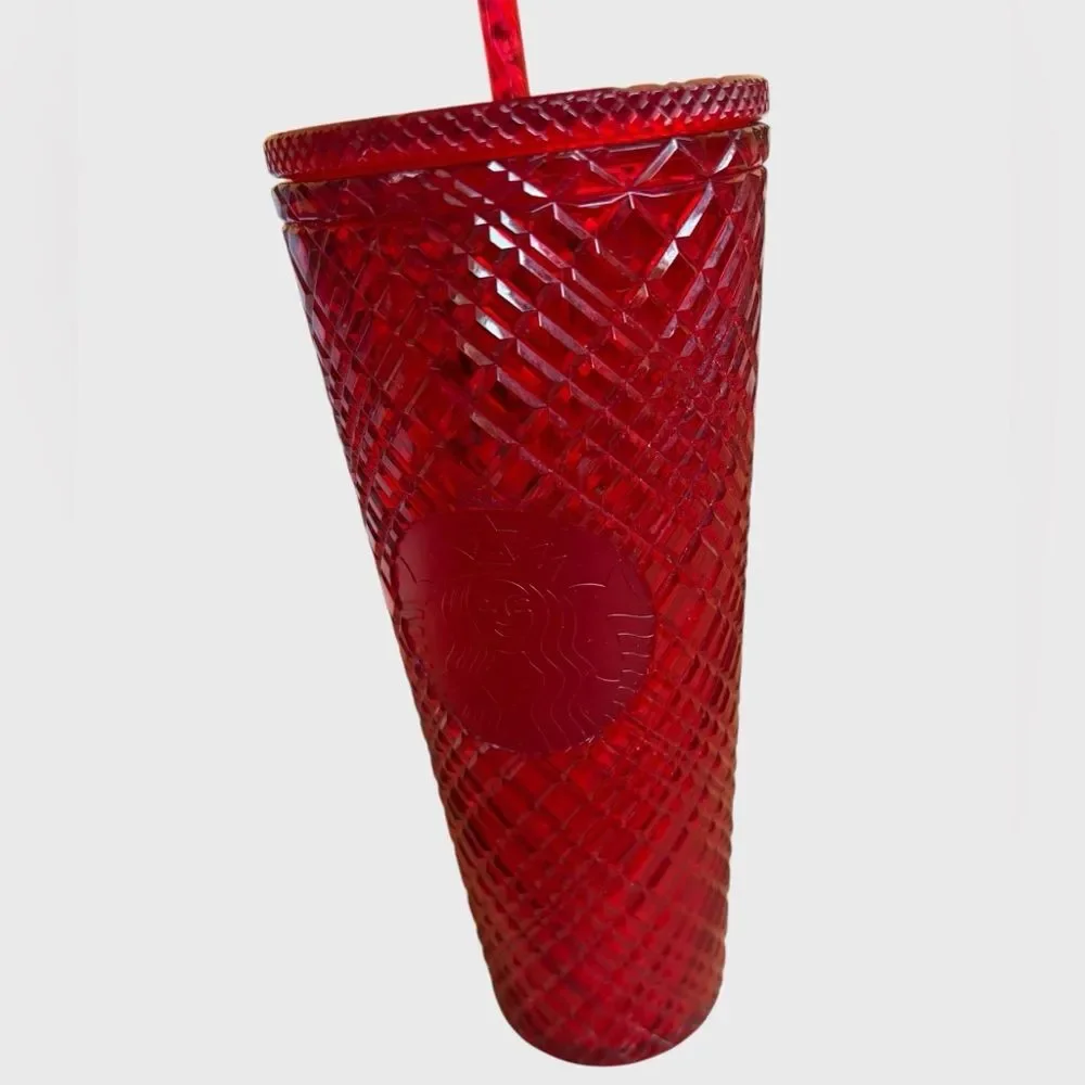Starbucks 2021 Red Jeweled Holiday Tumbler Grid Textured Lid Straw Venti 24oz